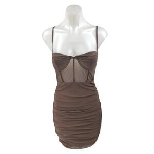 NEW Sundays Brown Ruched Sleeveless Cami Camisole Bodycon Corset Tank Dress Sz M